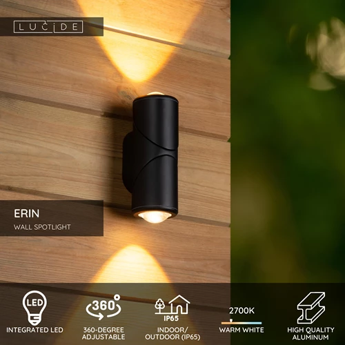 Lucide ERIN - Wall spotlight / Wall light Indoor/Outdoor - LED - 2x5W 2700K - IP65 - Black - USP